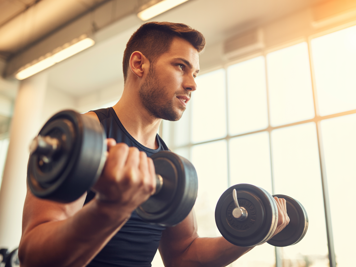 Man strength training in a bright modern gym