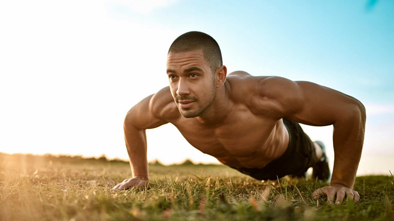 Athletic man training outdoors in golden sunlight